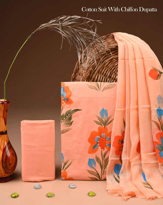 Pure Cotton Hand Block Printed Suit Set With Chiffon Dupatta