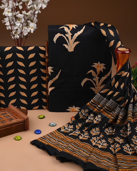 Designer Hand Block Printed Cotton Suit Set With Cotton Dupatta