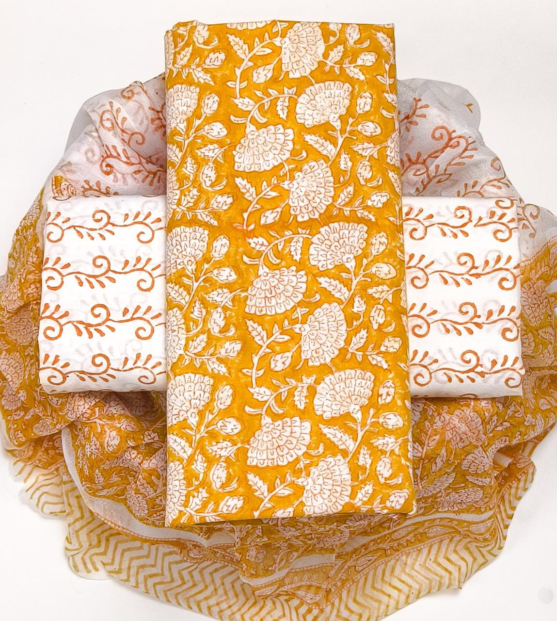 Pure Cotton Hand Block Printed Suit Set With Chiffon Dupatta