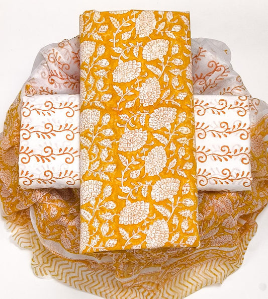 Pure Cotton Hand Block Printed Suit Set With Chiffon Dupatta