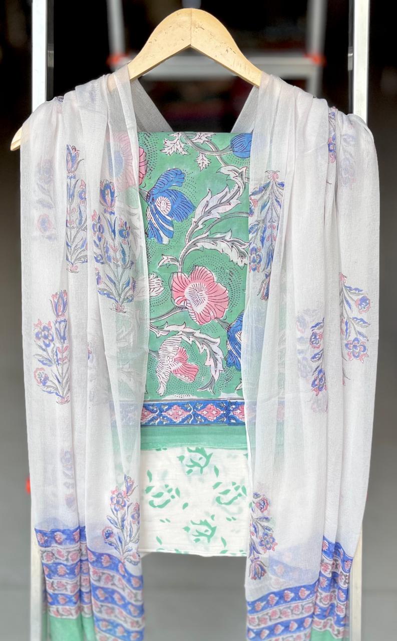 Pure Cotton Hand Block Printed Suit Set With Chiffon Dupatta