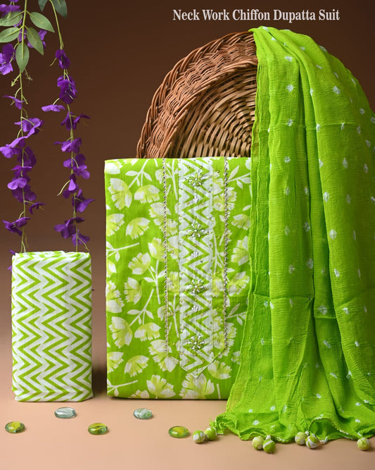 Premium Gota Patti Work Cotton Suit Set With Chiffon Dupatta
