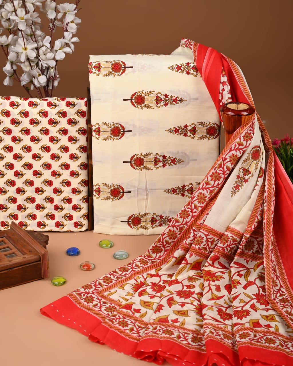 Designer Hand Block Printed Cotton Suit Set With Cotton Dupatta