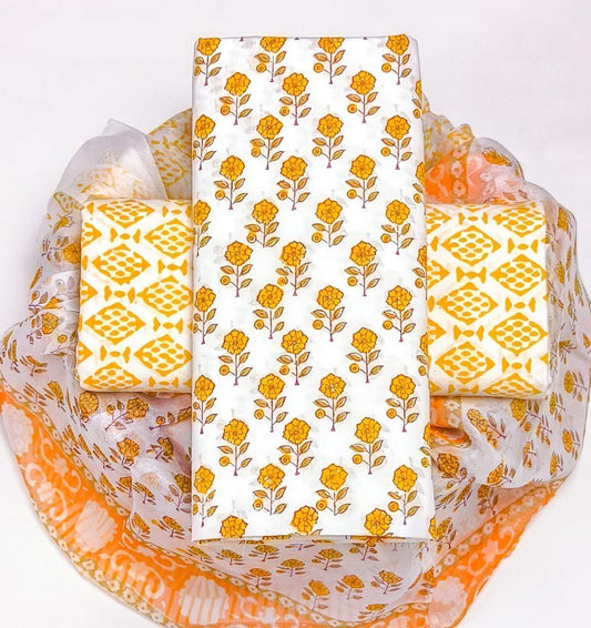 Pure Cotton Hand Block Printed Suit Set With Chiffon Dupatta