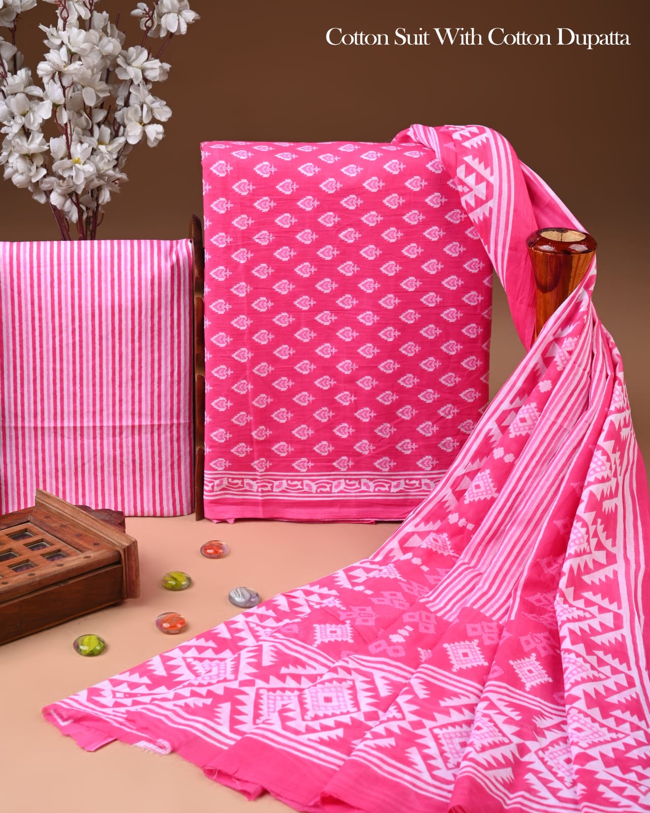 Pure Soft Cotton Hand Block Printed Suit Set With Cotton Dupatta