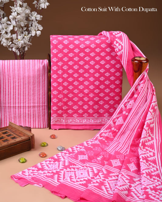 Pure Soft Cotton Hand Block Printed Suit Set With Cotton Dupatta
