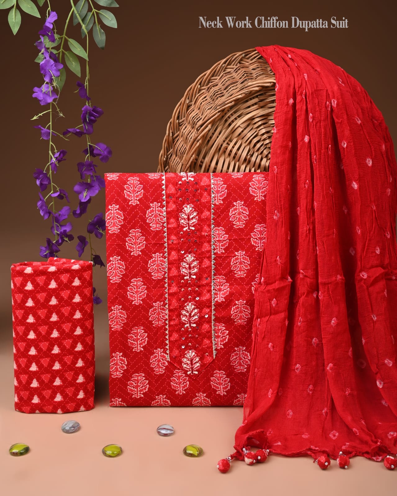 Premium Gota Patti Work Cotton Suit Set With Chiffon Dupatta