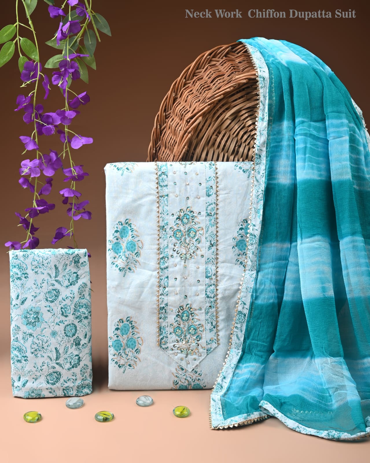 Premium Gota Patti Work Cotton Suit Set With Chiffon Dupatta