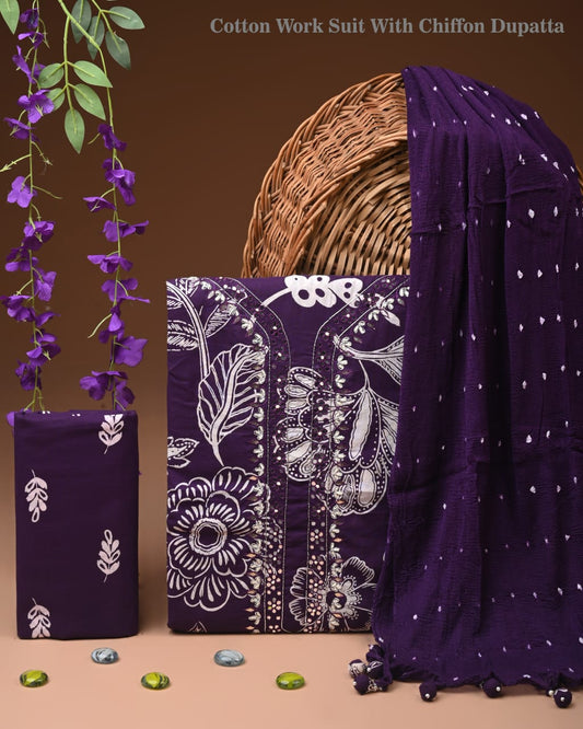 Premium Gota Patti Work Cotton Suit Set With Chiffon Dupatta