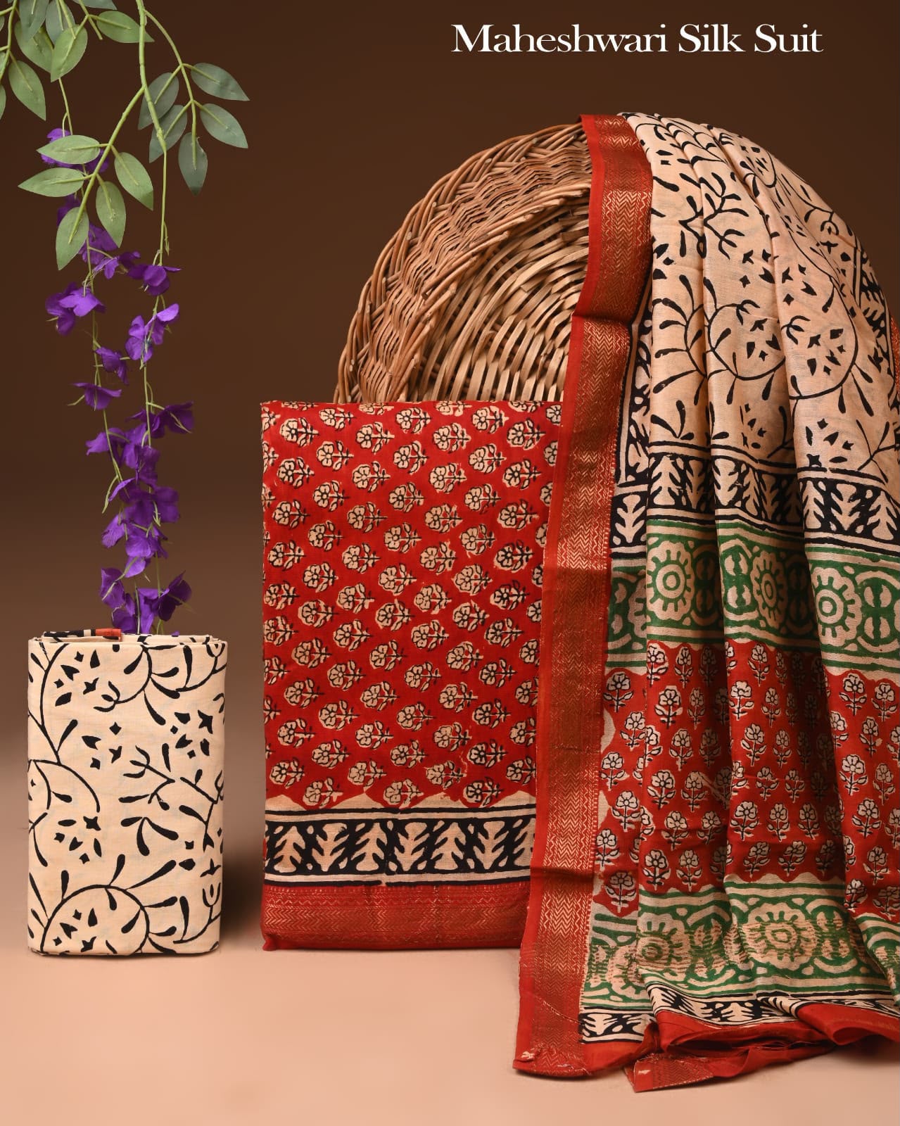 Premium Designer Handblock Printed Maheshwari Silk Suit Set