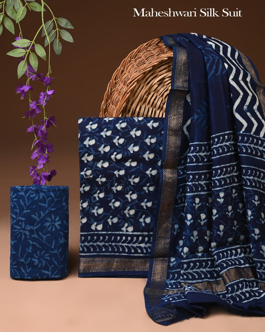 Premium Designer Handblock Printed Maheshwari Silk Suit Set
