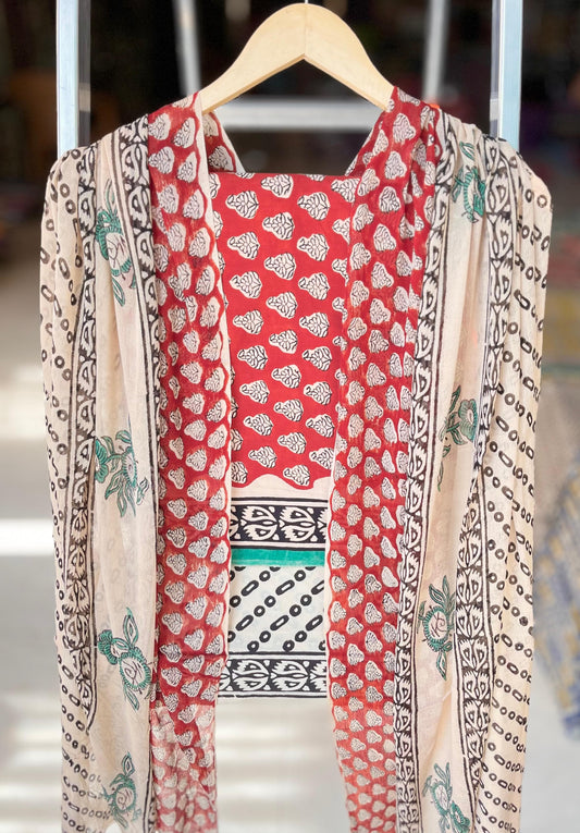 Pure Soft Cotton Hand Block Printed Suit Set With Chiffon Dupatta