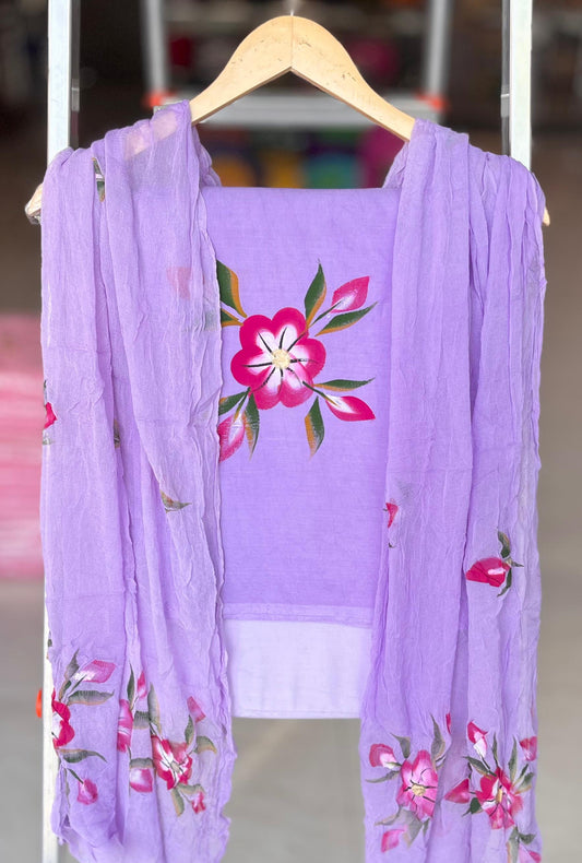 Pure Soft Cotton Hand Block Printed Suit Set With Chiffon Dupatta