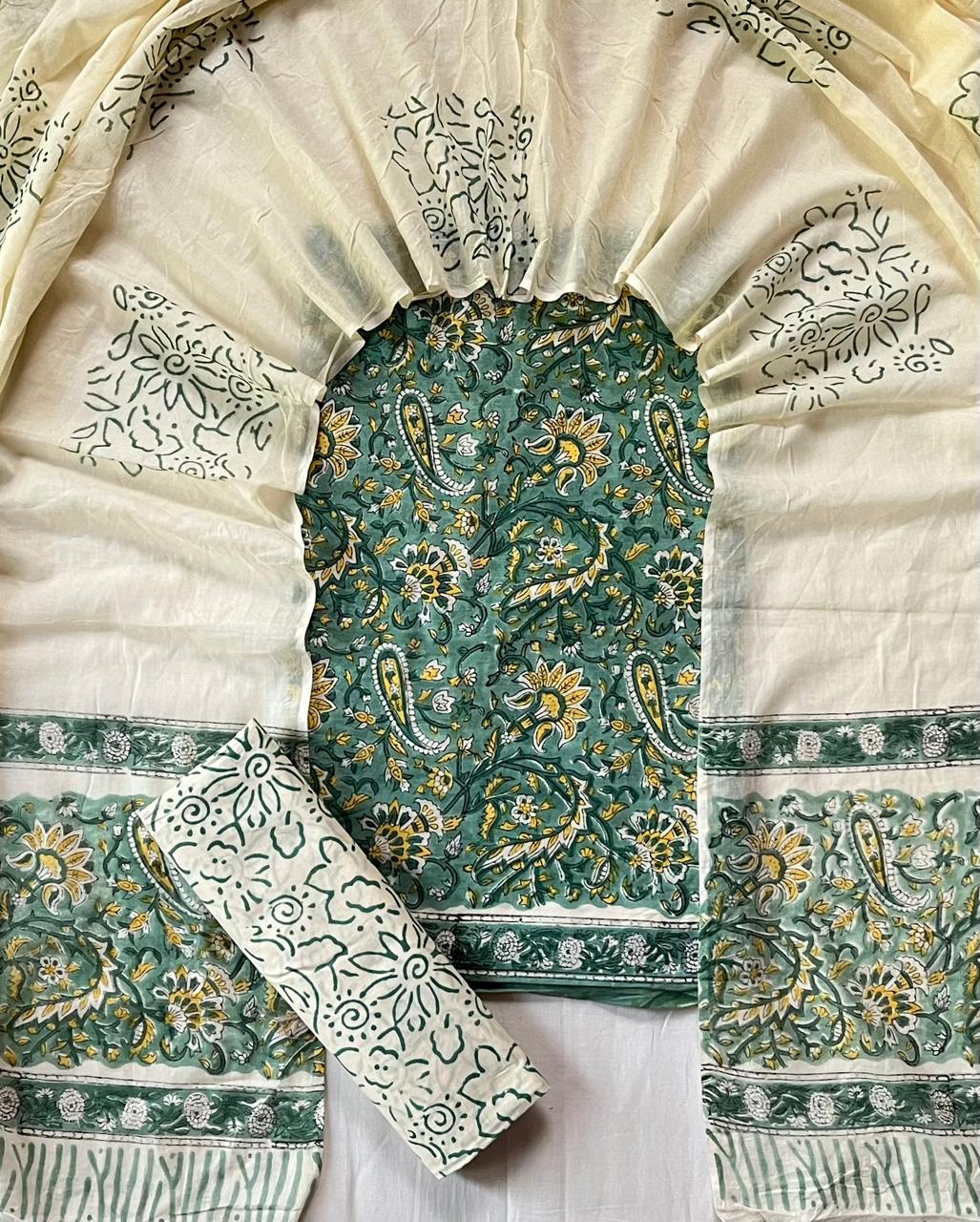 Pure Soft Cotton Hand Block Printed Suit Set With Cotton Dupatta