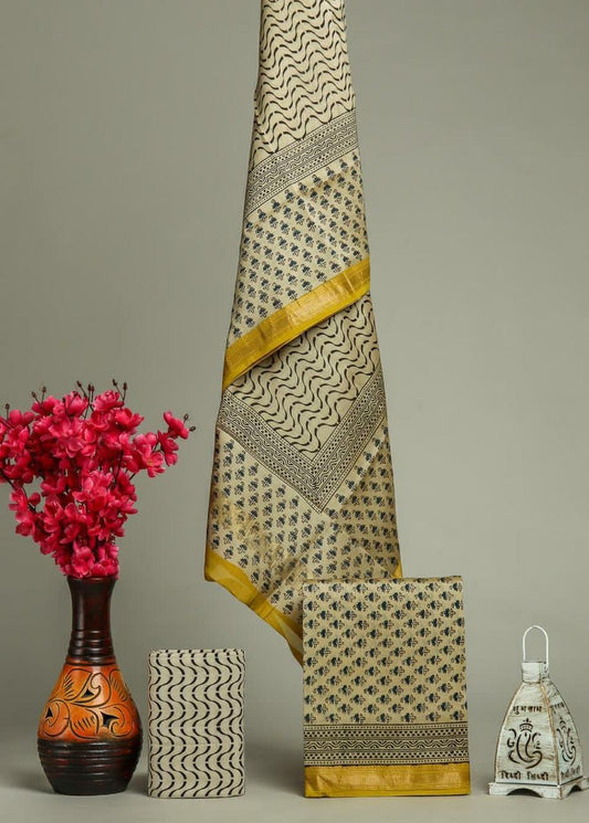 Premium Designer Handblock Printed Maheshwari Silk Suit Set