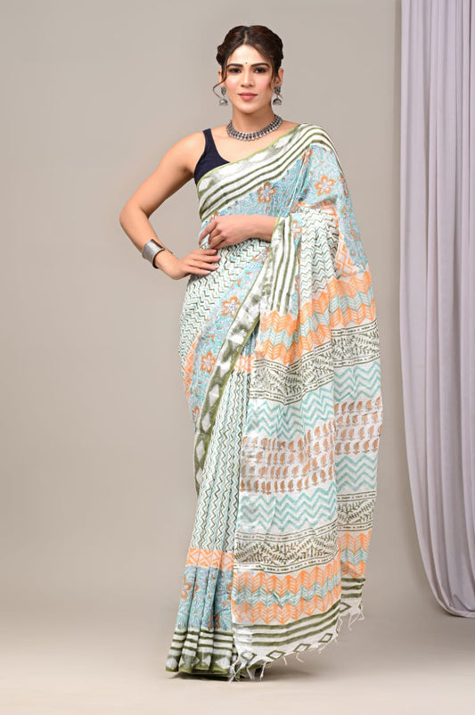Pure Cotton Linen Handblock Printed Saree With Blouse
