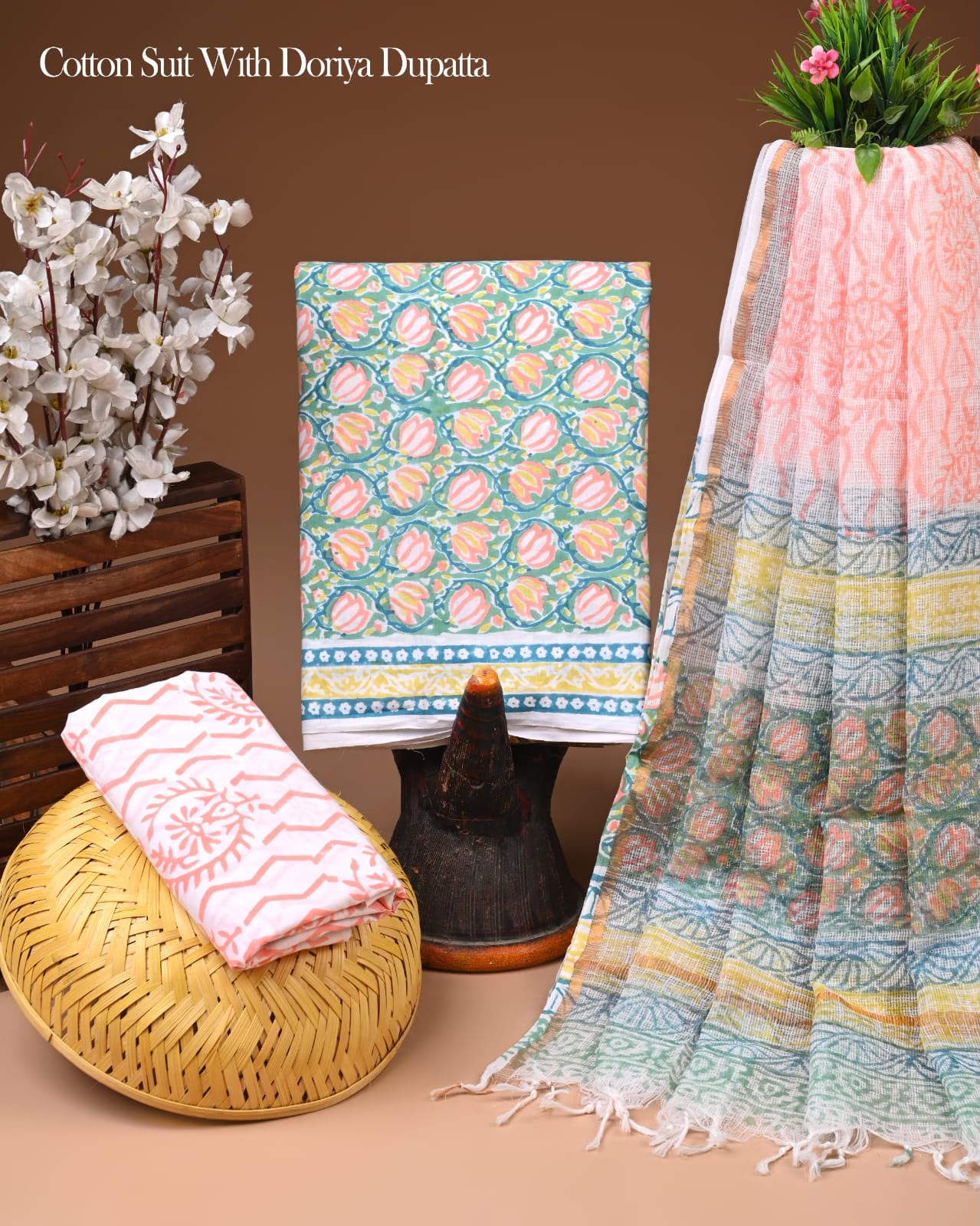Pure Cotton Hand Block Printed Suit Set With Kota Doria Dupatta