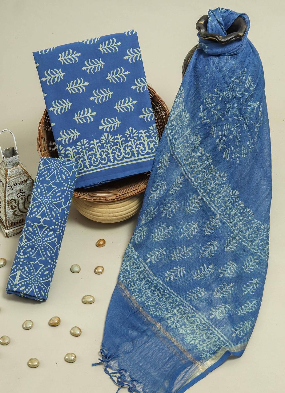 Pure Cotton Hand Block Printed Suit Set With Kota Doria Dupatta