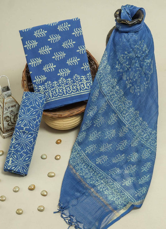 Pure Cotton Hand Block Printed Suit Set With Kota Doria Dupatta