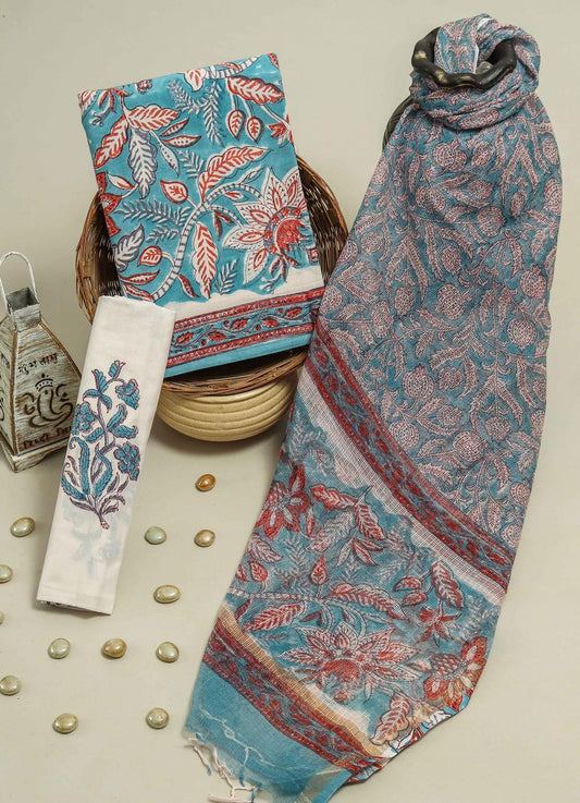 Pure Cotton Hand Block Printed Suit Set With Kota Doria Dupatta