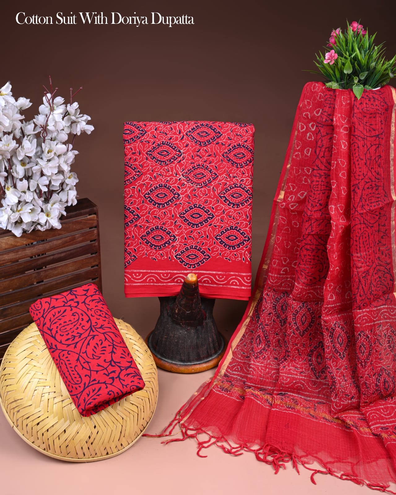 Pure Cotton Hand Block Printed Suit Set With Kota Doria Dupatta