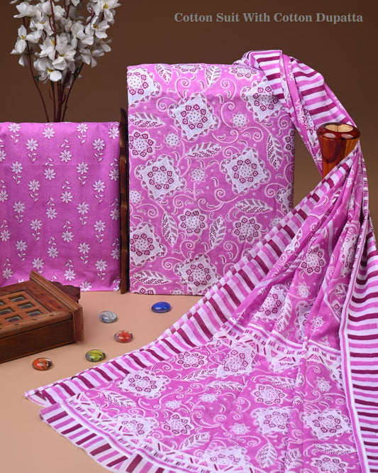 Designer Hand Block Printed Cotton Suit Set With Cotton Dupatta
