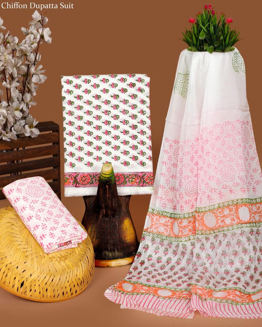 Pure Cotton Hand Block Printed Suit Set With Chiffon Dupatta