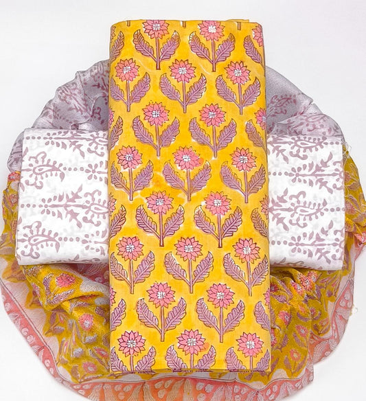 Pure Cotton Hand Block Printed Suit Set With Chiffon Dupatta