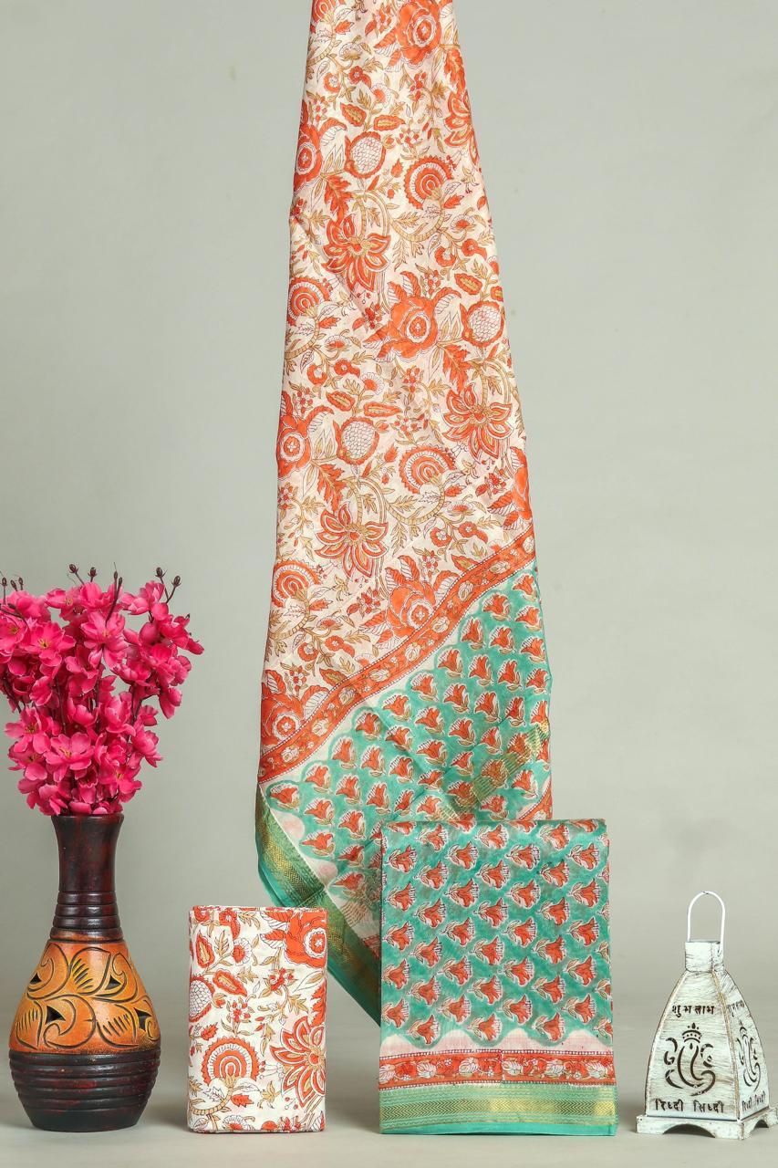 Premium Designer Handblock Printed Maheshwari Silk Suit Set