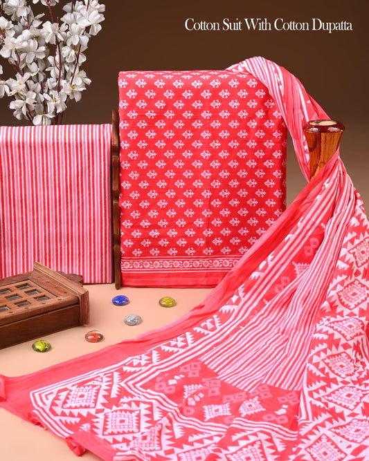 Pure Soft Cotton Hand Block Printed Suit Set With Cotton Dupatta