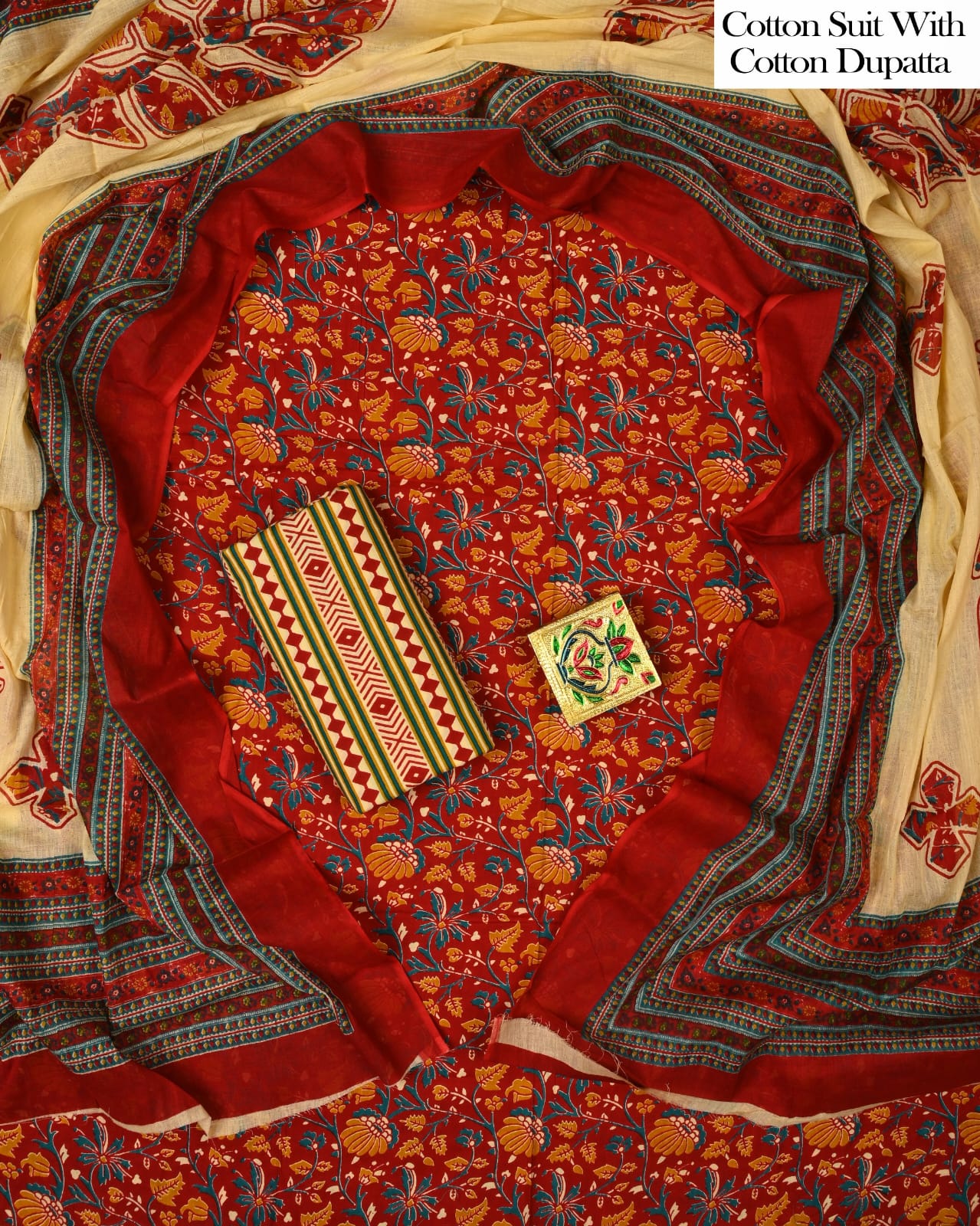 Designer Hand Block Printed Cotton Suit Set With Cotton Dupatta