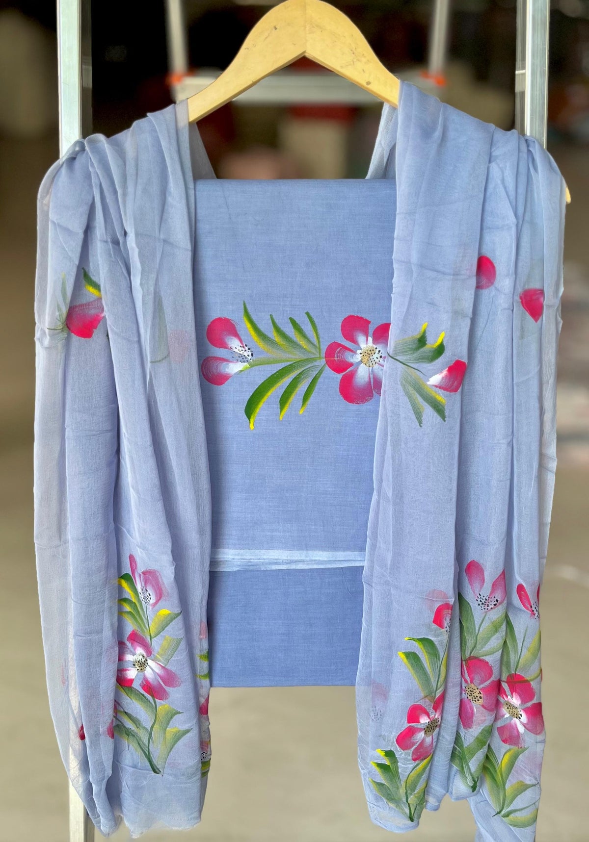 Pure Cotton Hand Block Printed Suit Set With Chiffon Dupatta