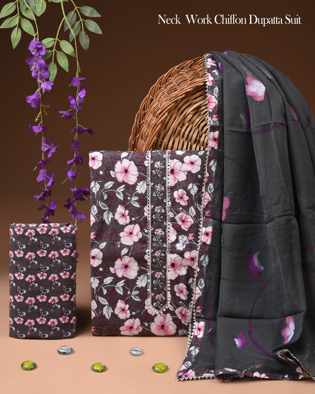 Premium Gota Patti Work Cotton Suit Set With Chiffon Dupatta