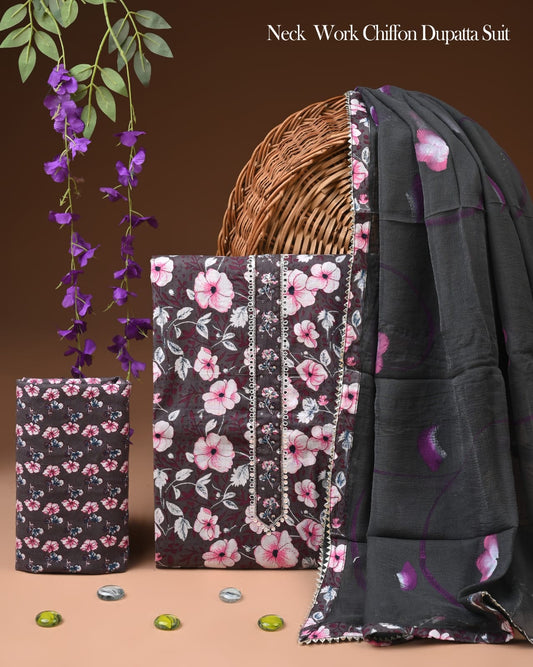 Premium Gota Patti Work Cotton Suit Set With Chiffon Dupatta
