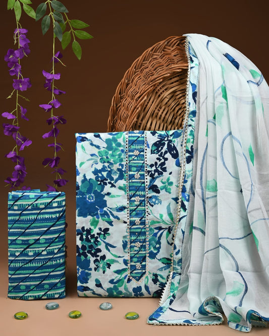 Premium Gota Patti Work Cotton Suit Set With Chiffon Dupatta