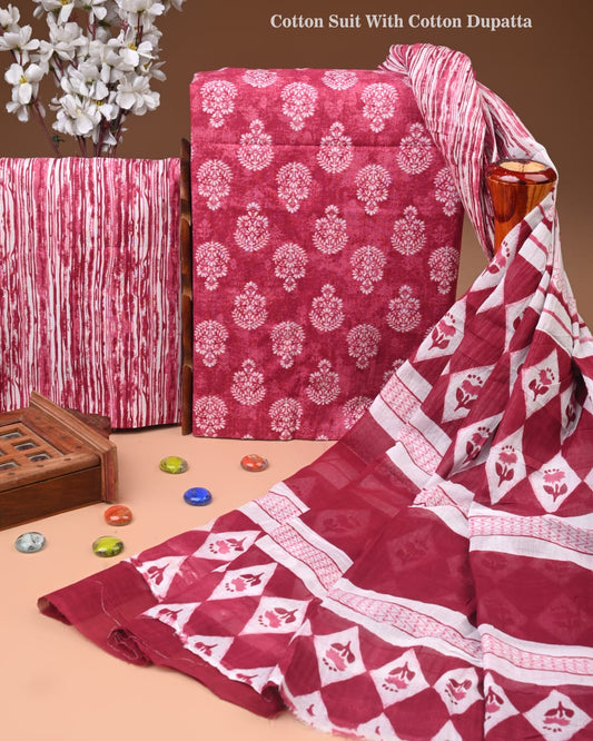 Designer Hand Block Printed Cotton Suit Set With Cotton Dupatta