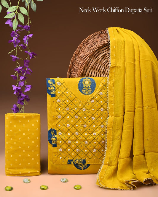 Premium Gota Patti Work Cotton Suit Set With Chiffon Dupatta