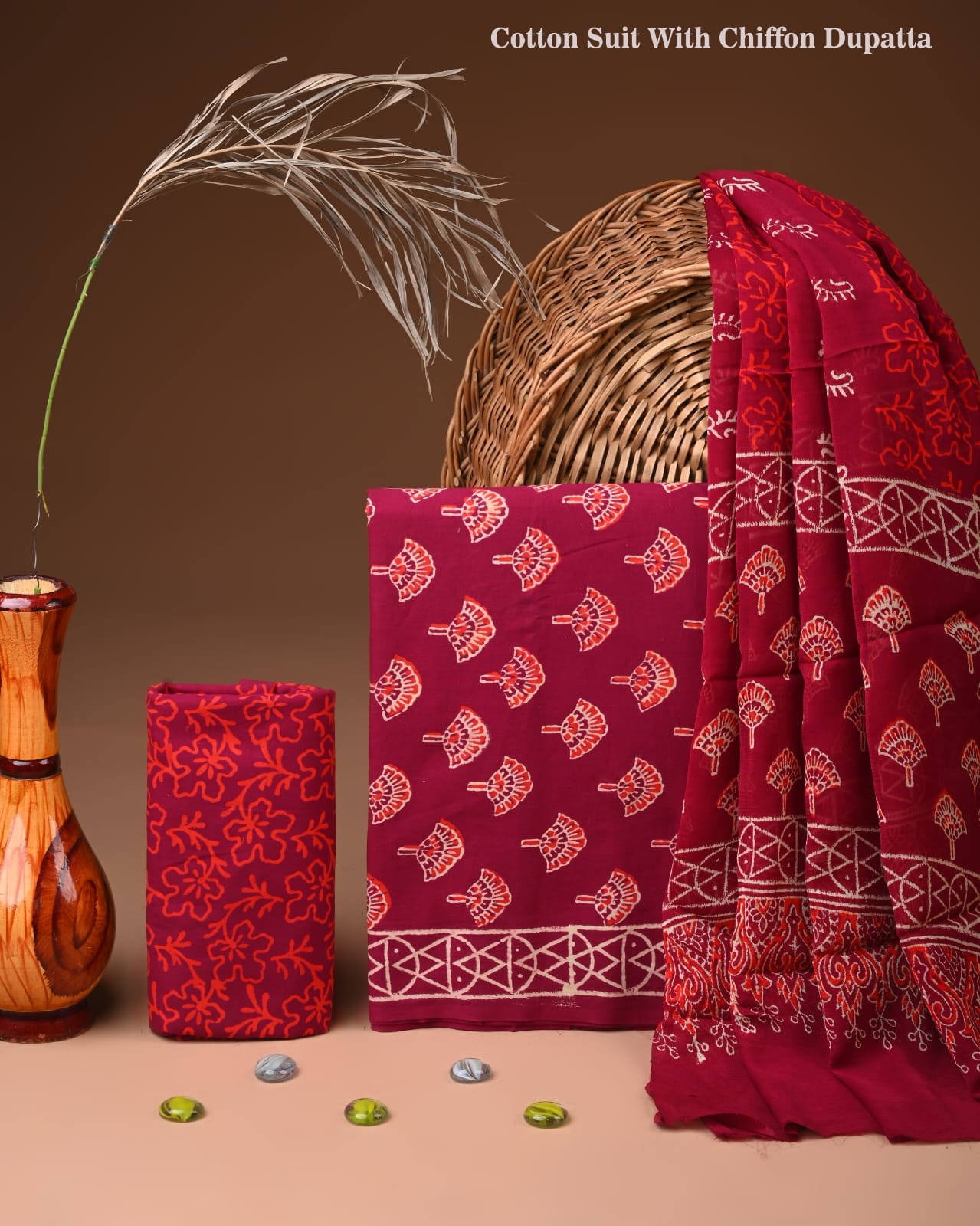 Pure Cotton Hand Block Printed Suit Set With Chiffon Dupatta