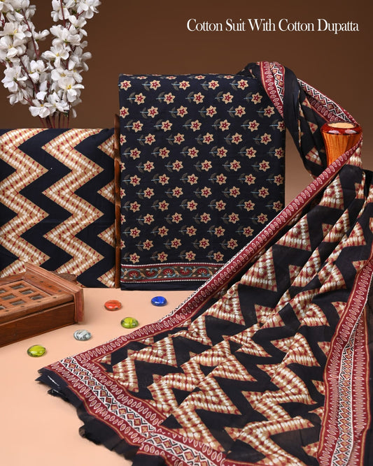 Designer Hand Block Printed Cotton Suit Set With Cotton Dupatta