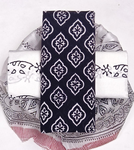 Pure Cotton Hand Block Printed Suit Set With Chiffon Dupatta