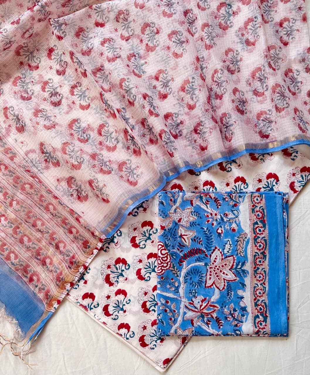 Pure Cotton Hand Block Printed Suit Set With Kota Doria Dupatta