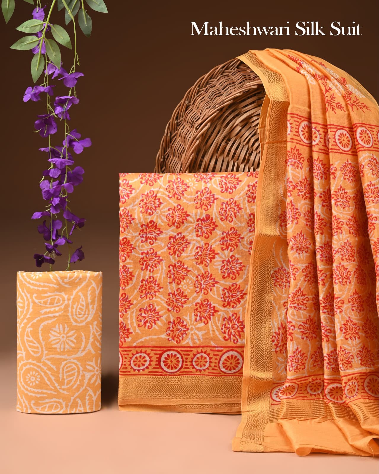 Premium Designer Handblock Printed Maheshwari Silk Suit Set