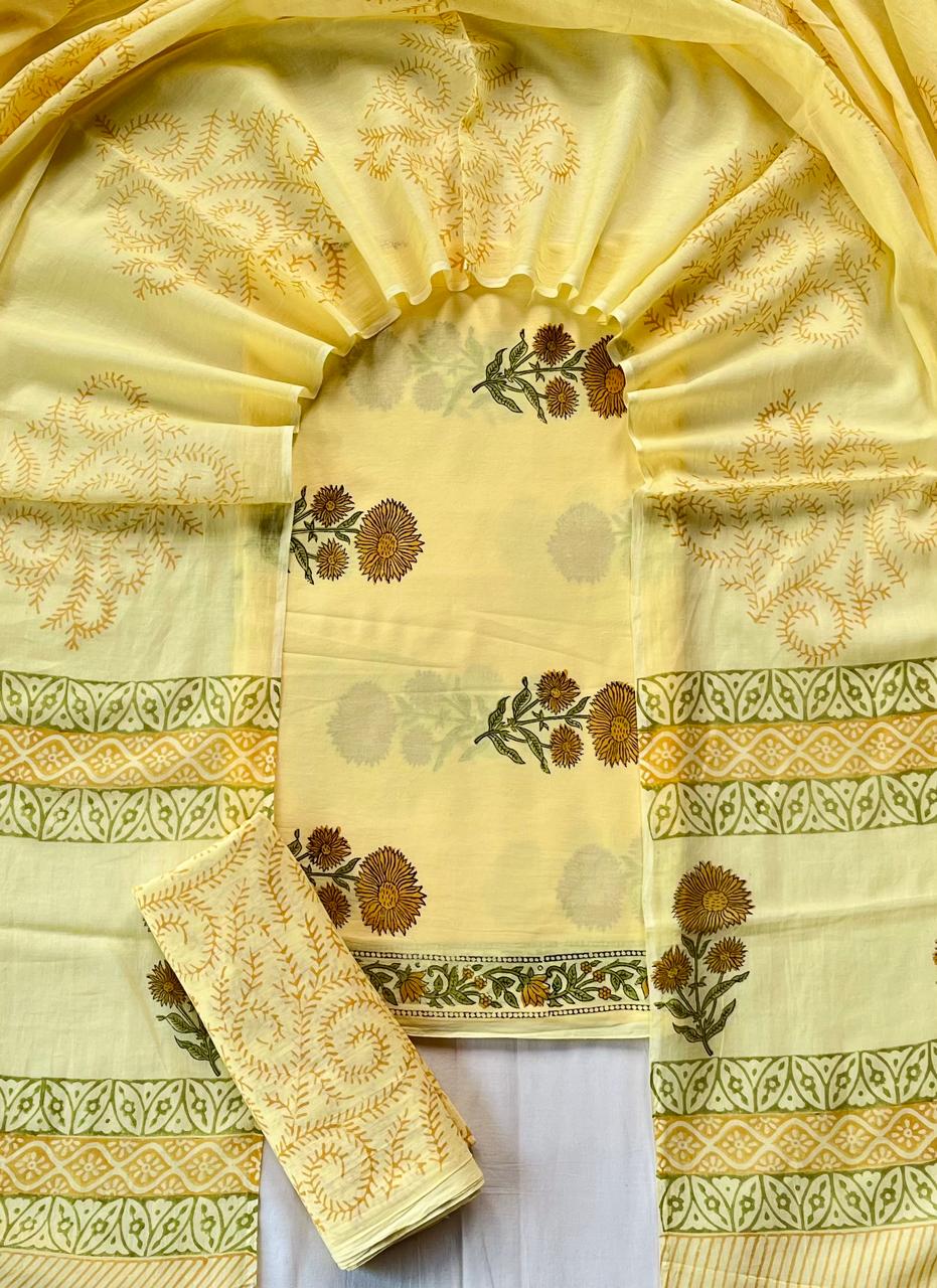 Pure Soft Cotton Hand Block Printed Suit Set With Cotton Dupatta