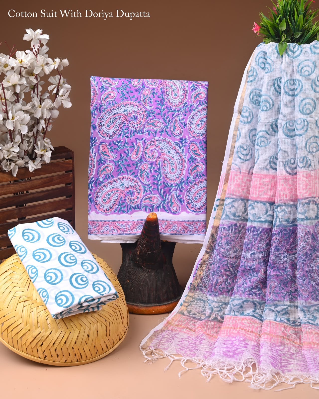Pure Cotton Hand Block Printed Suit Set With Kota Doria Dupatta