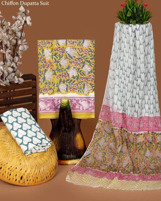 Pure Cotton Hand Block Printed Suit Set With Chiffon Dupatta