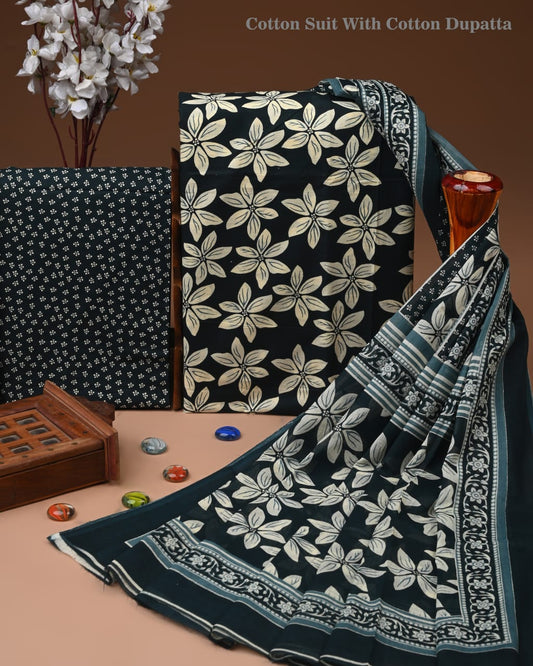 Designer Hand Block Printed Cotton Suit Set With Cotton Dupatta