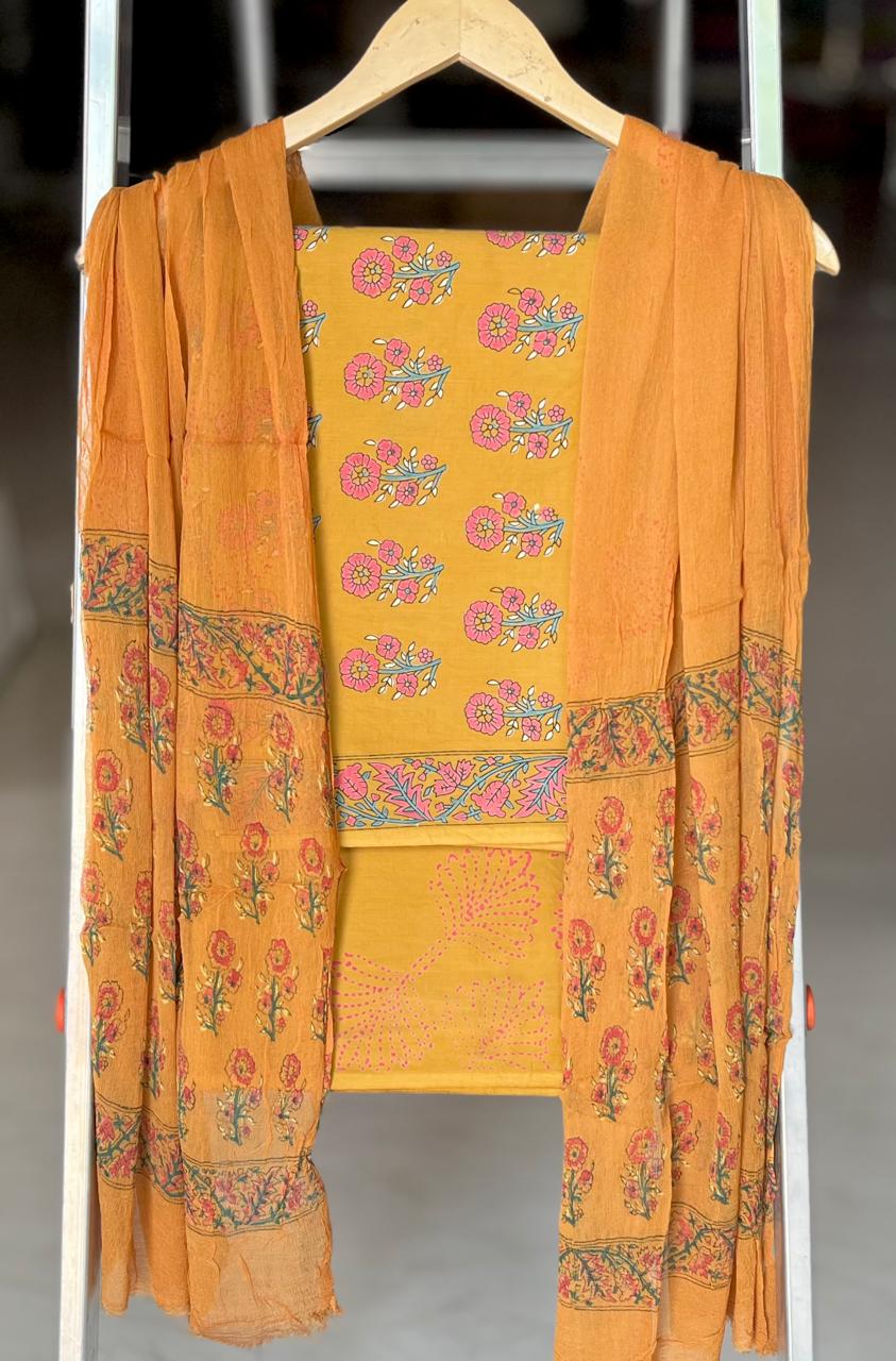Pure Cotton Hand Block Printed Suit Set With Chiffon Dupatta