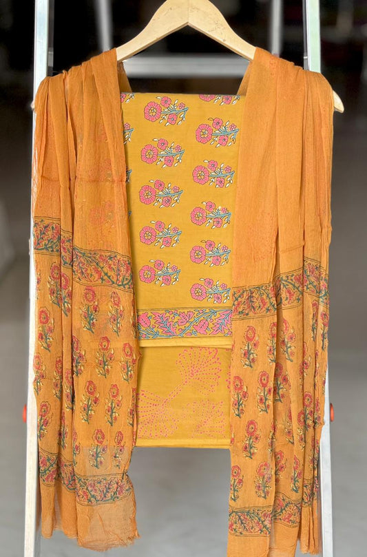 Pure Cotton Hand Block Printed Suit Set With Chiffon Dupatta