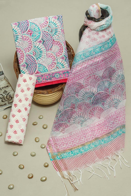 Pure Cotton Hand Block Printed Suit Set With Kota Doria Dupatta