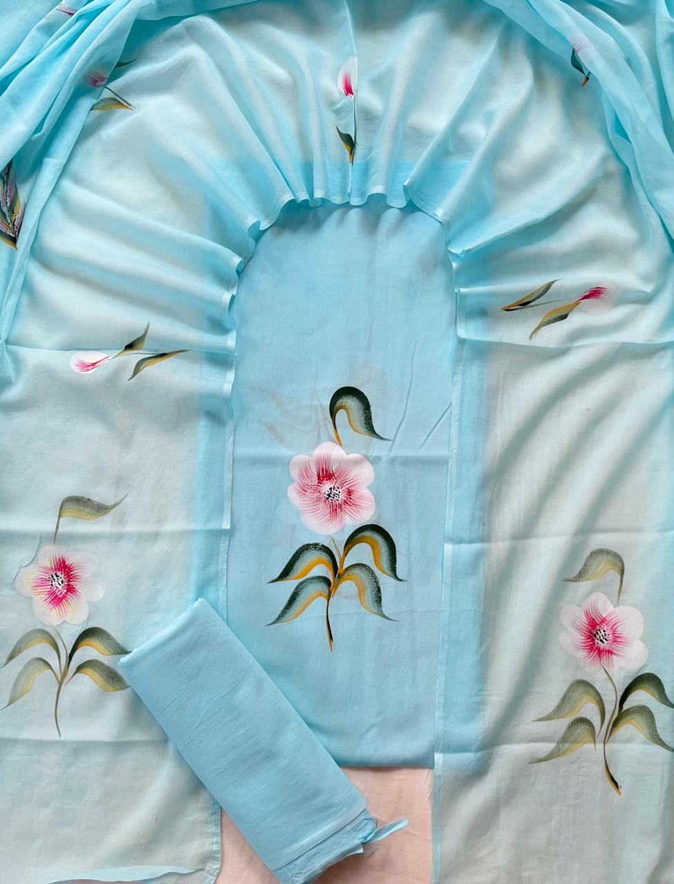Pure Soft Cotton Hand Block Printed Suit Set With Cotton Dupatta